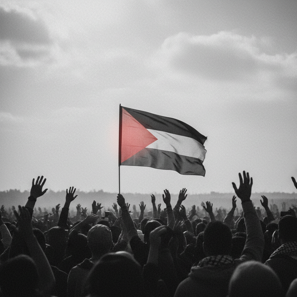 Crowd holding Palestinian flag symbolizing global resistance and unity.
