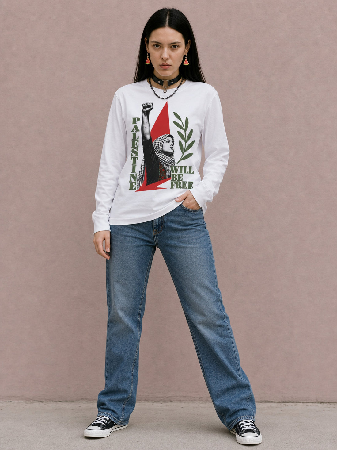 Woman wearing Palestine Will Be Free Palestinian resistance long sleeve tee