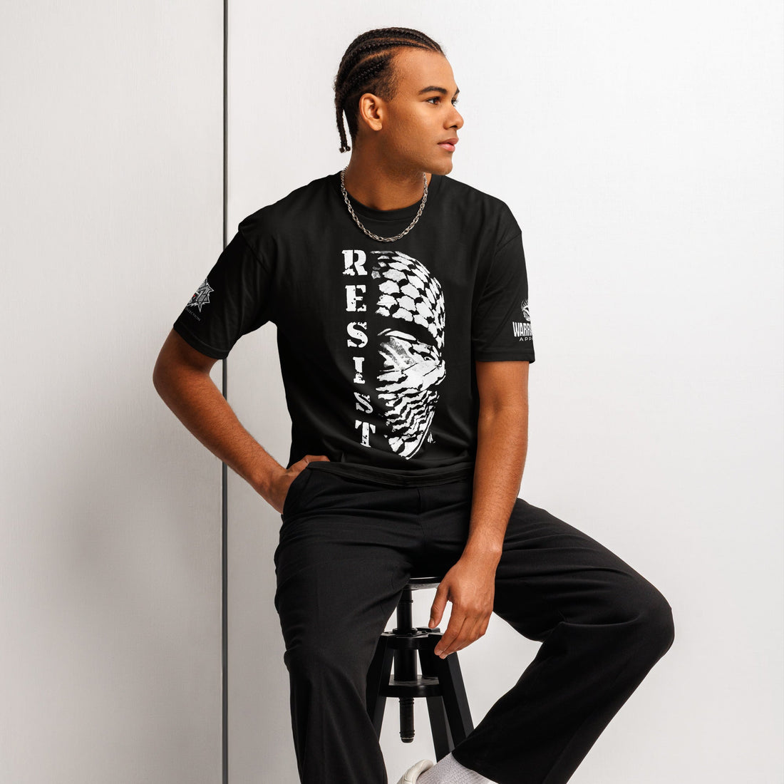Model wearing RESIST Palestine graphic tee from the Mo Hamz Collection