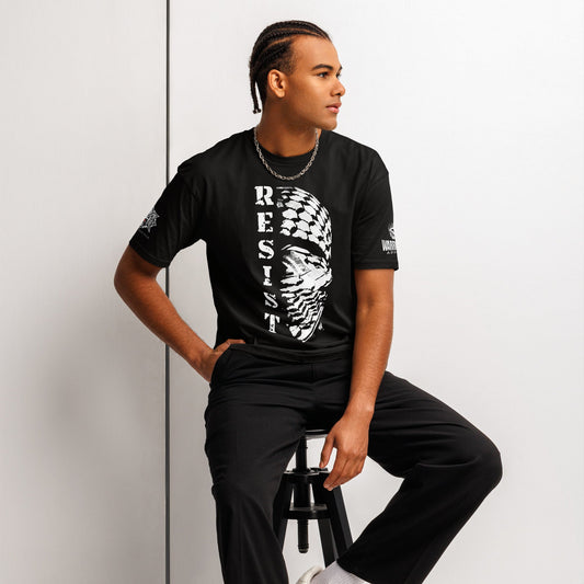 Model wearing RESIST Palestine graphic tee from the Mo Hamz Collection