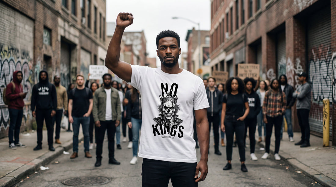 White NO KINGS t-shirt with skull king illustration and bold lettering