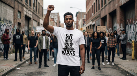 White NO KINGS t-shirt with skull king illustration and bold lettering