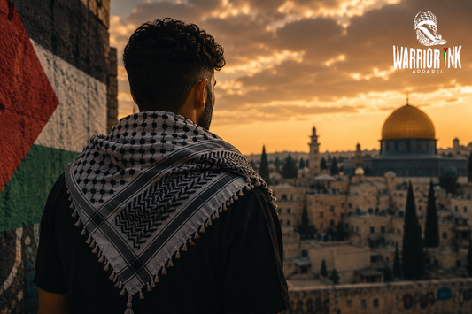 Palestinian streetwear hero image featuring a man in a keffiyeh overlooking Jerusalem at sunset with Warrior Ink Apparel logo