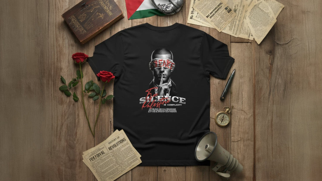 Silence is Complicity Palestine Heavyweight Tee by Warrior Ink Apparel mockup on a desk