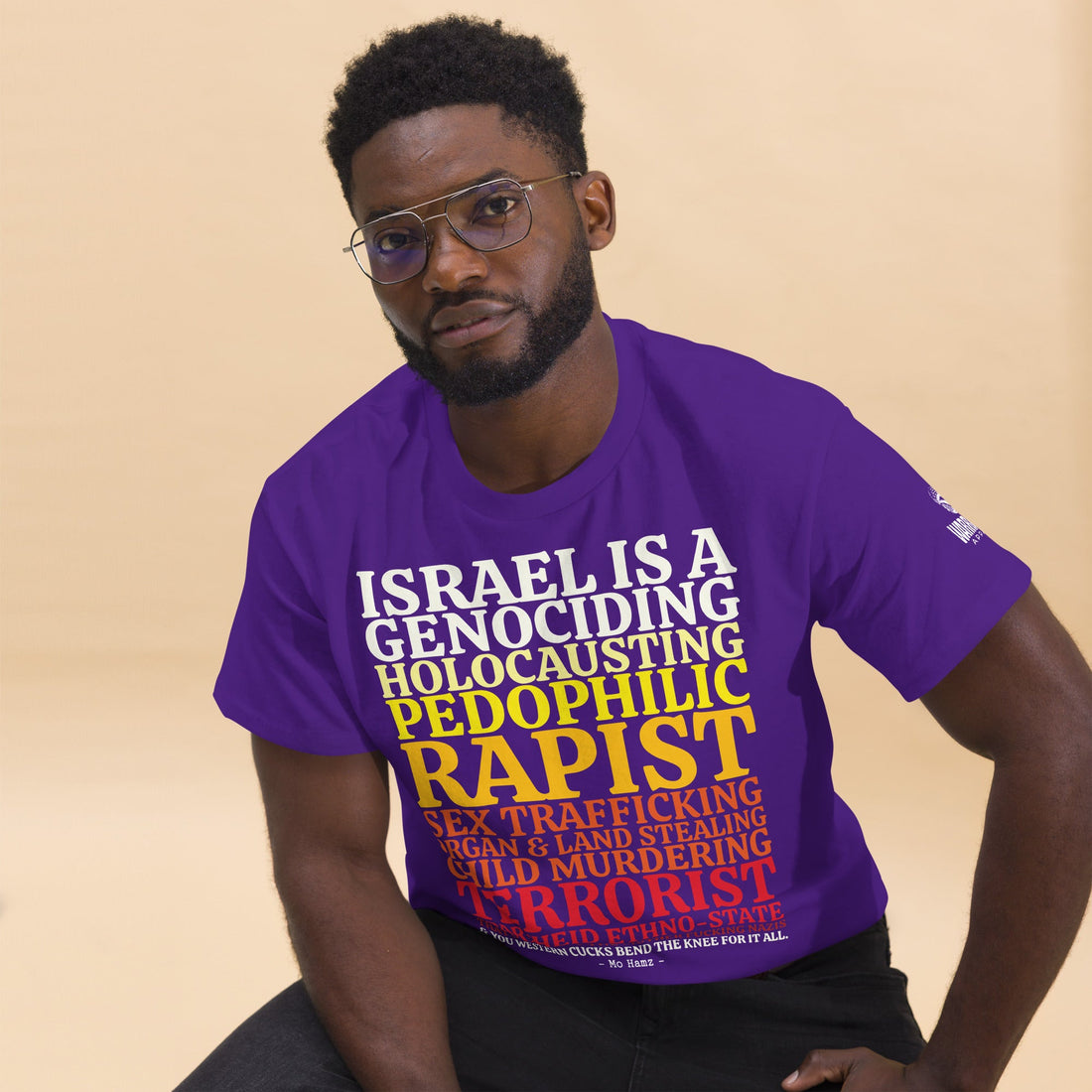 Model wearing GENOCIDING ETHNO-STATE Palestine graphic tee from the Mo Hamz Collection