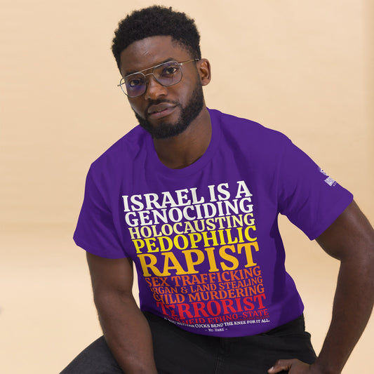 Model wearing GENOCIDING ETHNO-STATE Palestine graphic tee from the Mo Hamz Collection