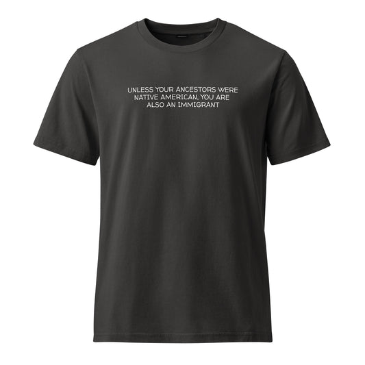We Are All Immigrants statement tee in a streetwear setting