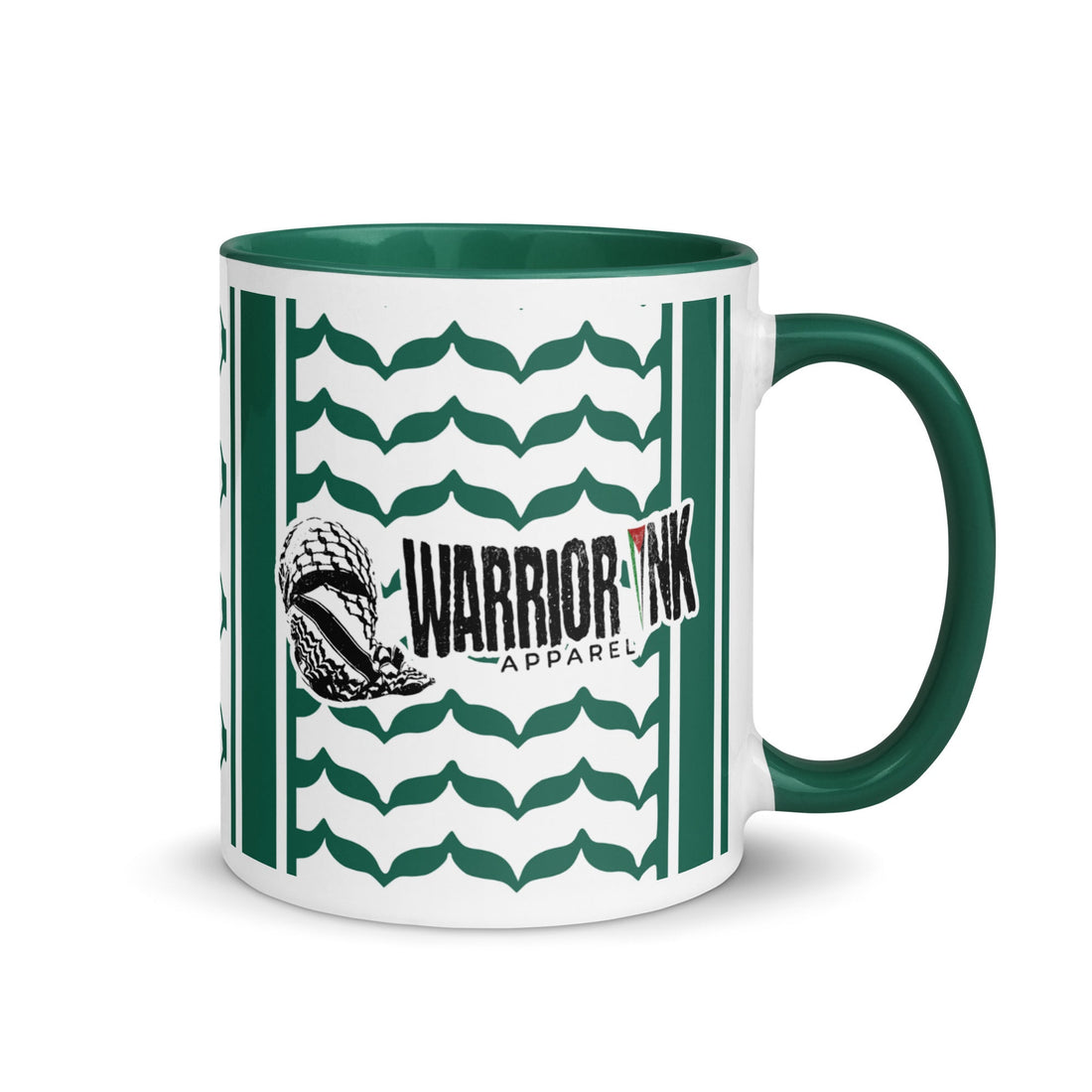Green keffiyeh ceramic coffee mug by Warrior Ink Apparel