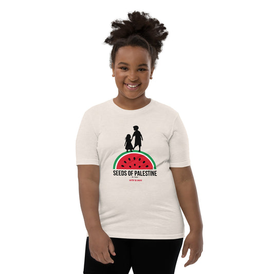 Light color SEEDS OF PALESTINE youth Palestine graphic tee by Warrior Ink Apparel