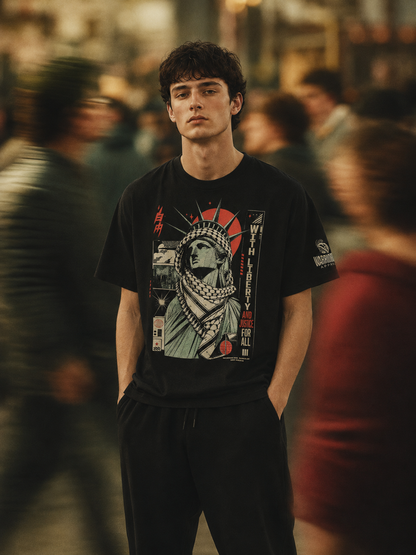Model wearing WITH LIBERTY AND JUSTICE FOR ALL Palestine graphic tee by Warrior Ink Apparel