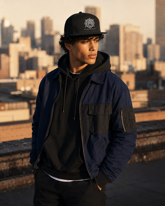 Model wearing MO HAMZ CREST Palestine flat bill cap from Warrior Ink Apparel