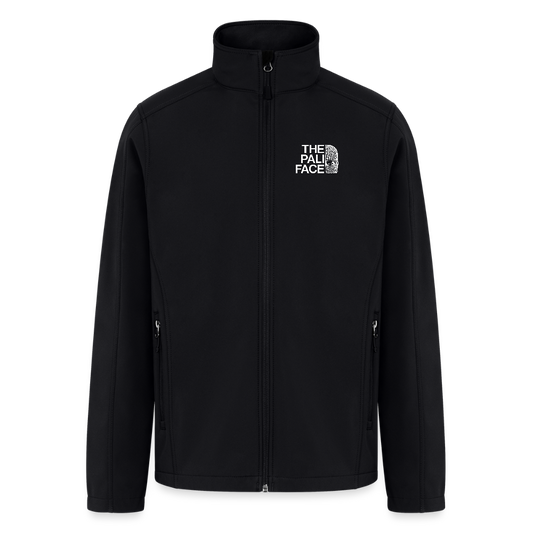 Black soft shell jacket with bold ‘The PALI FACE’ graphic on left chest – Palestine streetwear symbolizing resistance.