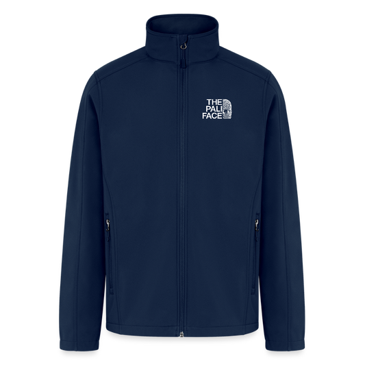 Navy blue soft shell jacket with bold ‘The PALI FACE’ graphic on left chest – Palestine streetwear symbolizing resistance.