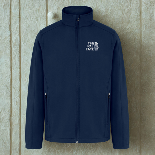 Front view of PALI FACE Palestine soft shell jacket with chest design