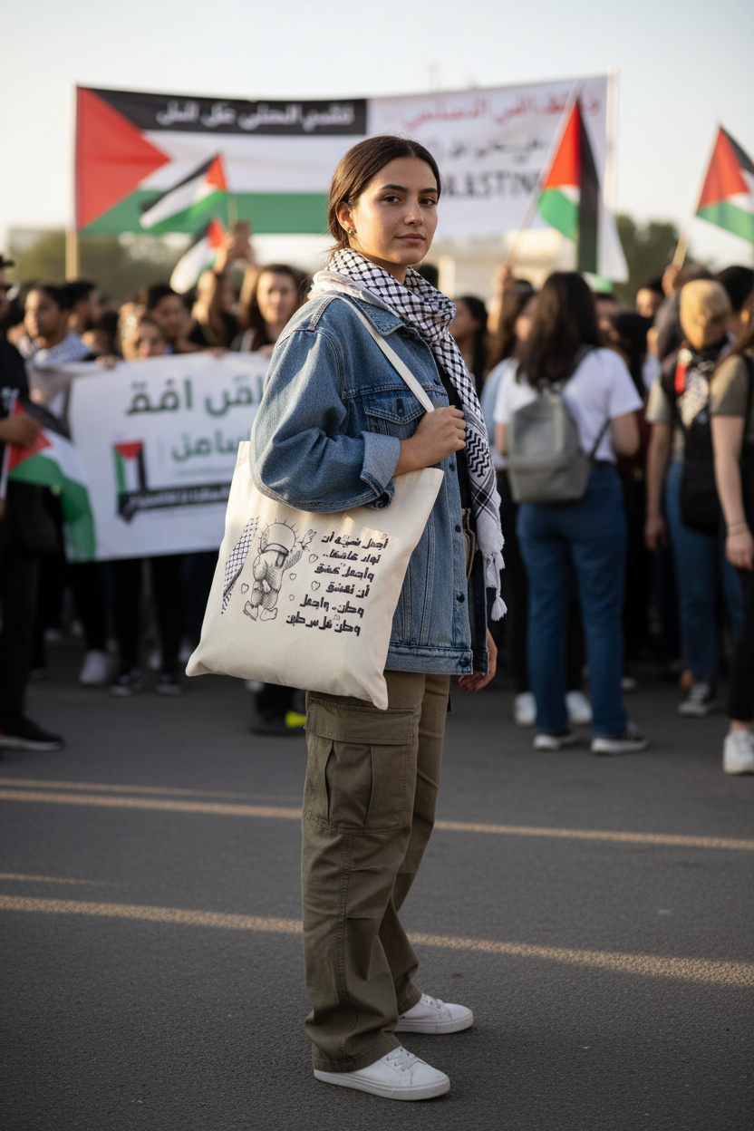 Person holding a Palestine cotton tote bag featuring Handala character with Arabic text and keffiyeh map design and a checkered scarf in a protest setting with flags and banners.