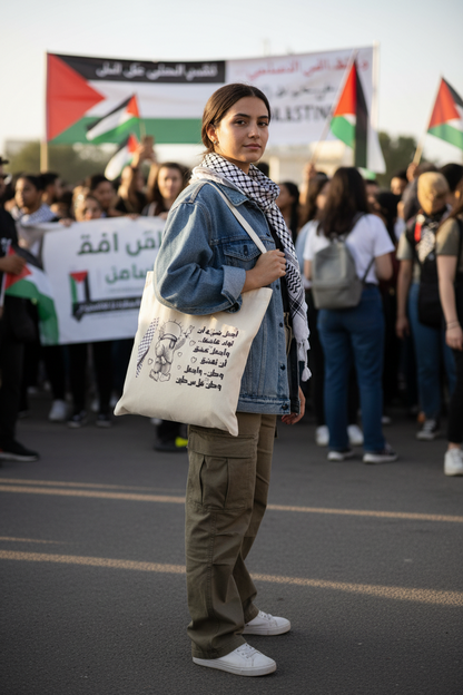 Person holding a Palestine cotton tote bag featuring Handala character with Arabic text and keffiyeh map design and a checkered scarf in a protest setting with flags and banners.