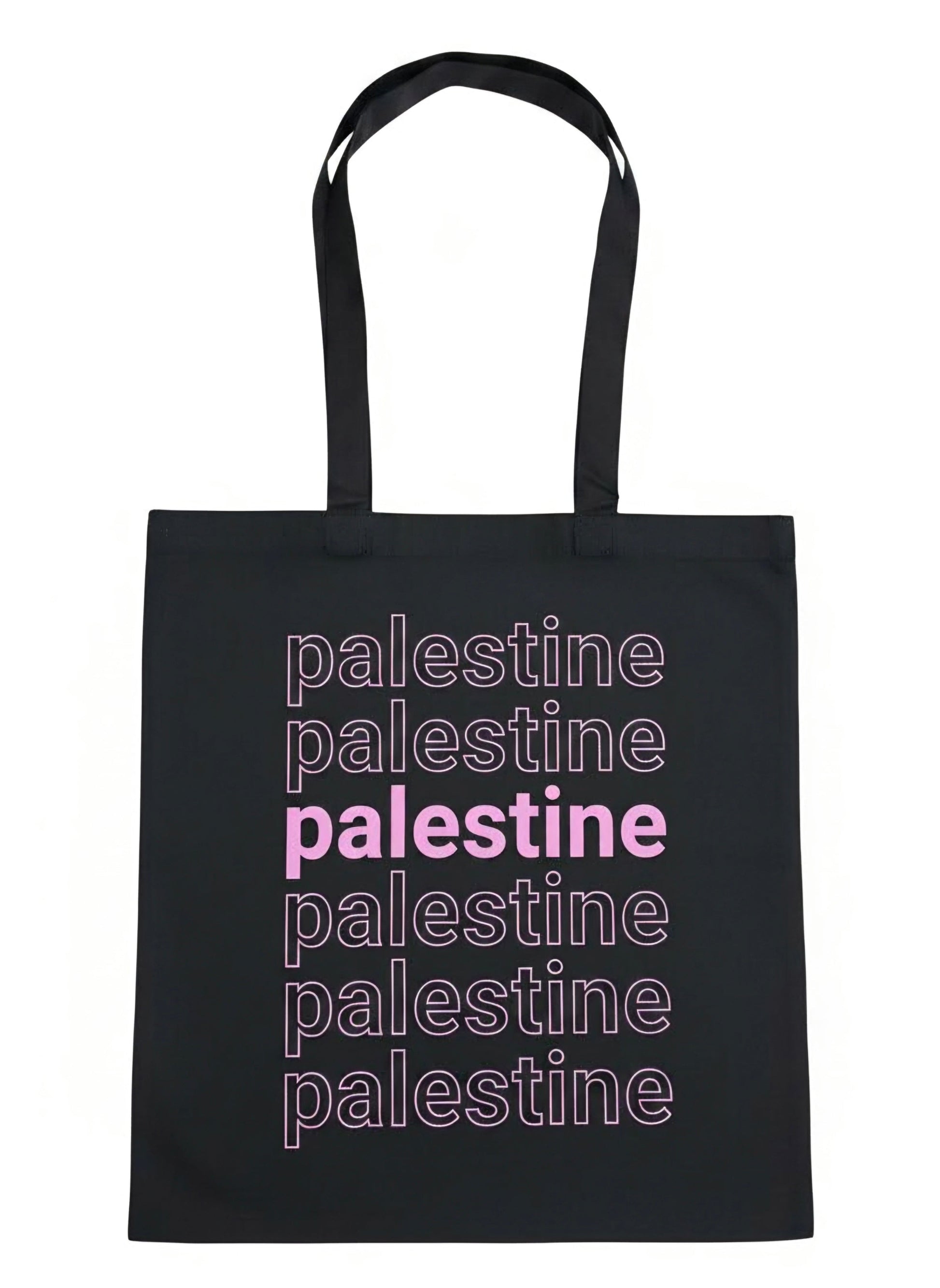 Palestine layered tote bag with stacked typography design in pink worn outdoors at sunset by Warrior Ink Apparel