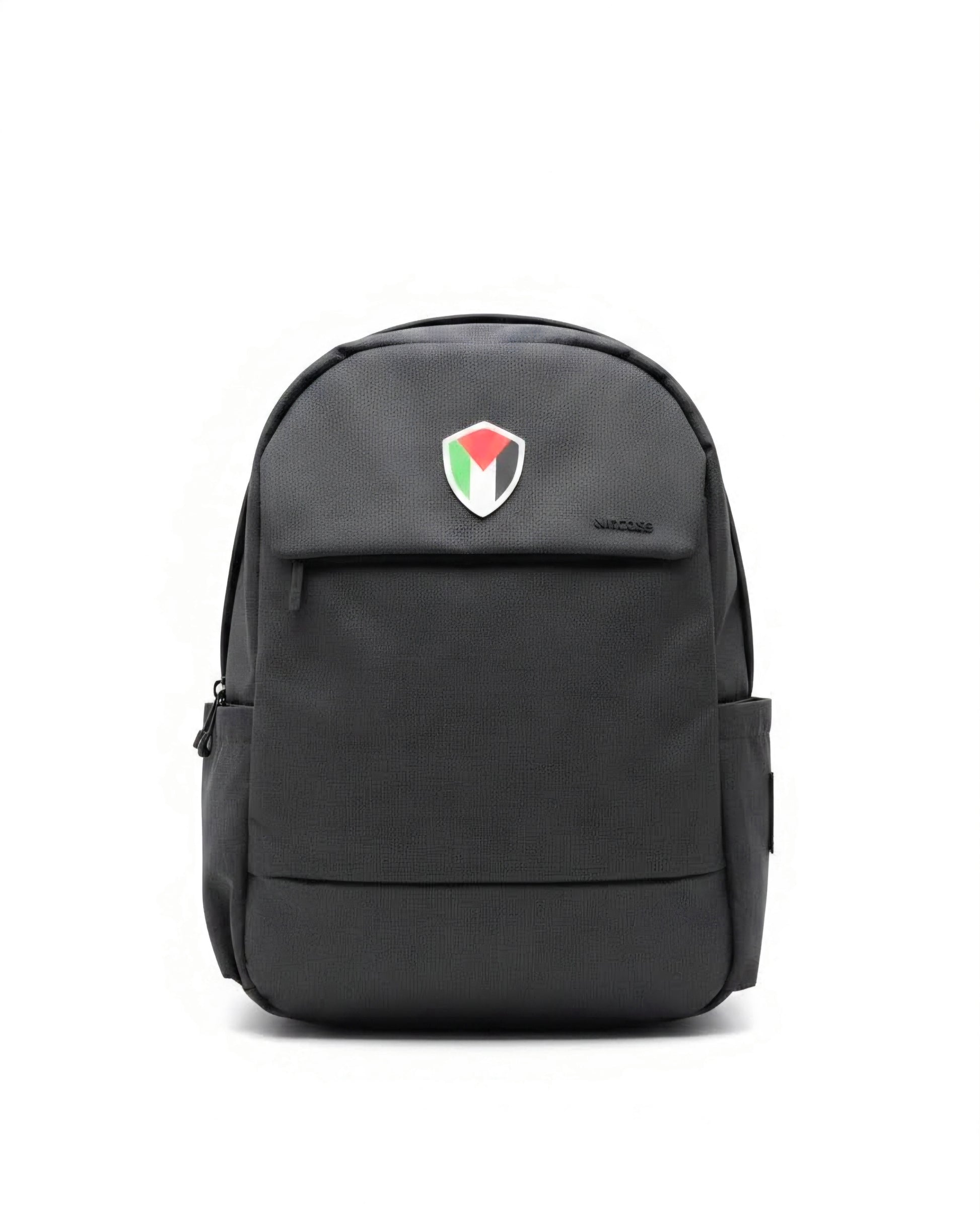 Palestine backpack 20L black laptop bag with Palestine emblem worn outdoors by Warrior Ink Apparel