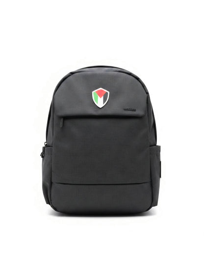Palestine backpack 20L black laptop bag with Palestine emblem worn outdoors by Warrior Ink Apparel