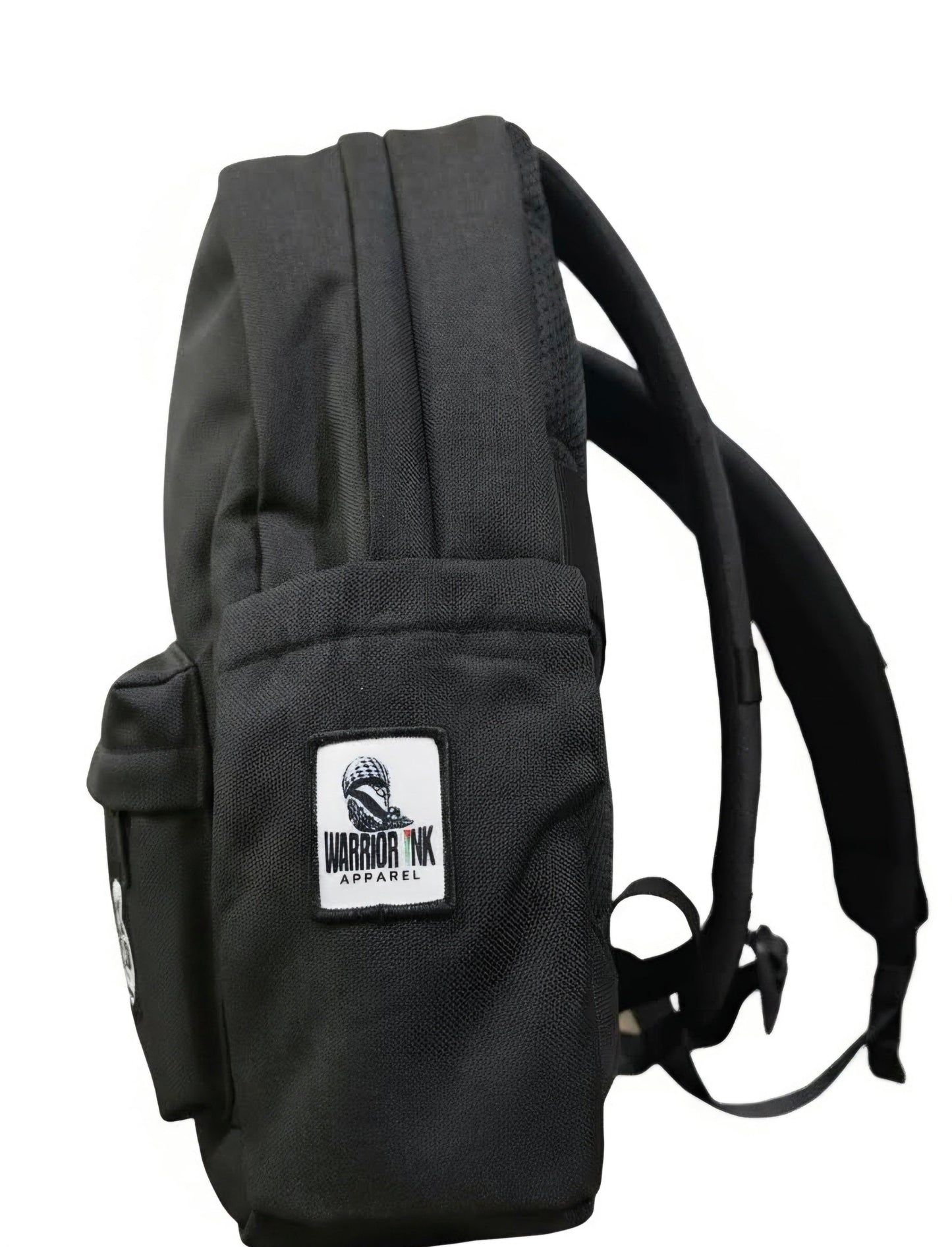 Palestine backpack 20L black laptop bag with Palestine emblem worn outdoors by Warrior Ink Apparel