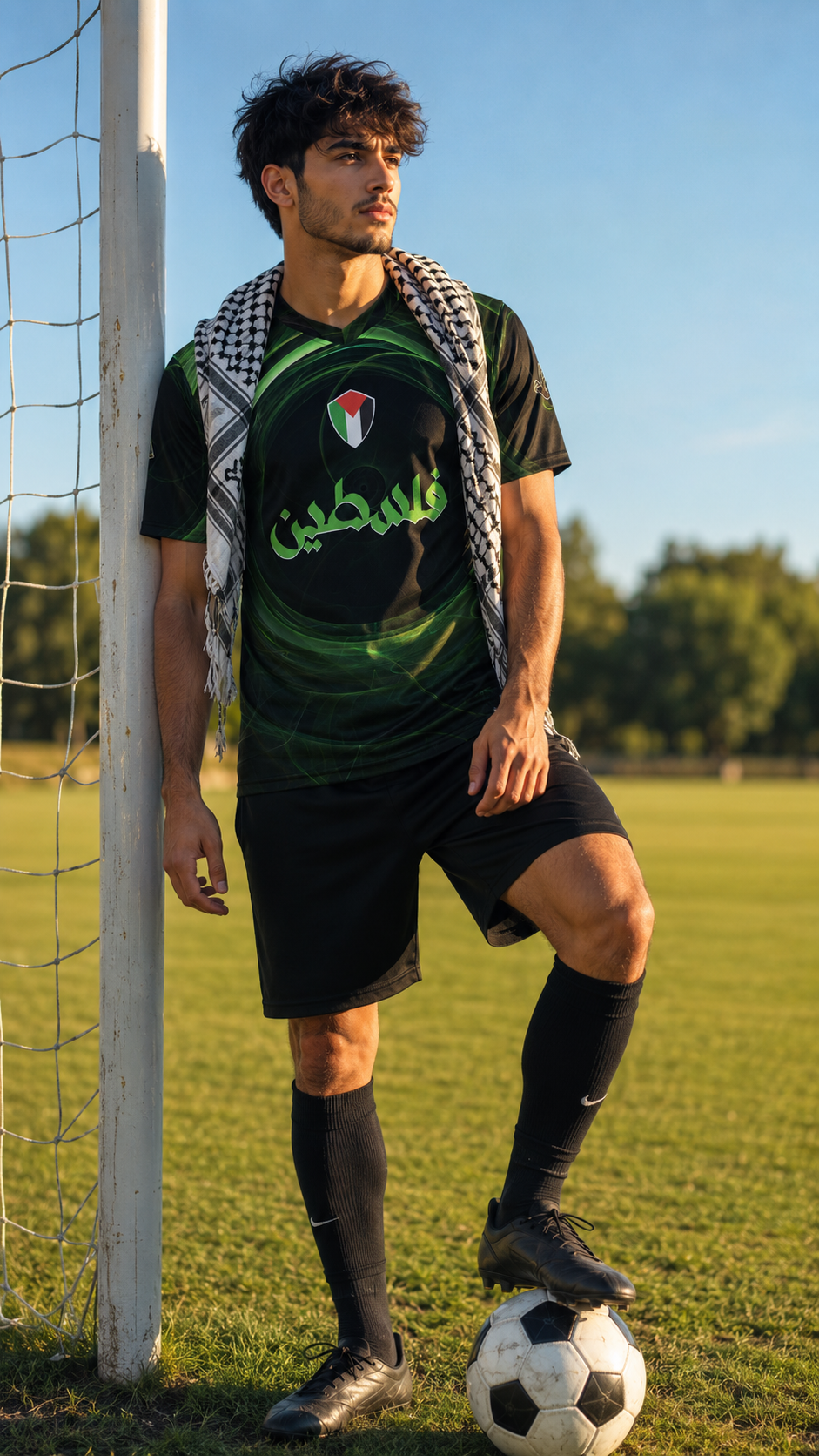 Model wearing FALASTEEN FC personalized Palestine soccer jersey by Warrior Ink Apparel on soccer field with keffiyeh
