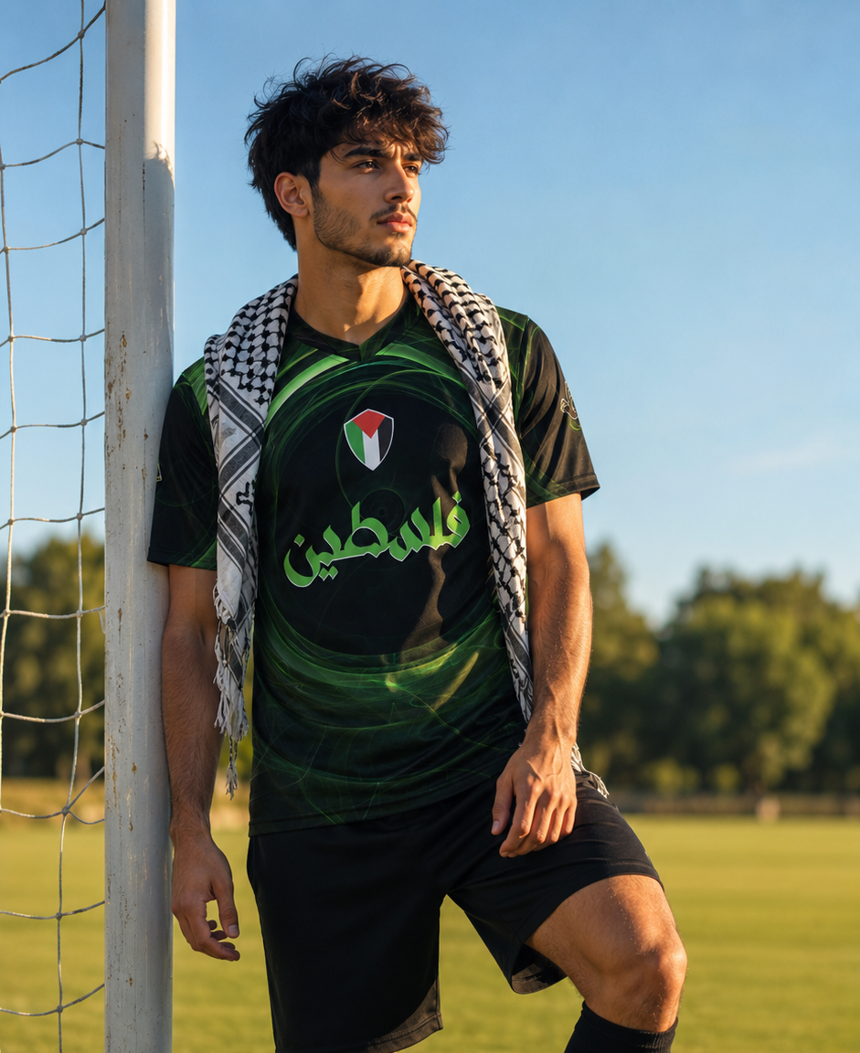 Model wearing FALASTEEN FC personalized Palestine soccer jersey on soccer field with keffiyeh