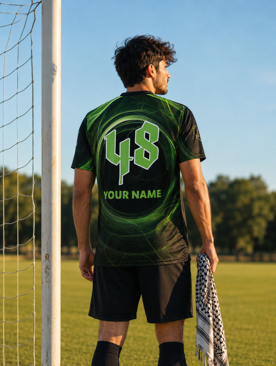 Model wearing FALASTEEN FC personalized Palestine soccer jersey on soccer field with keffiyeh