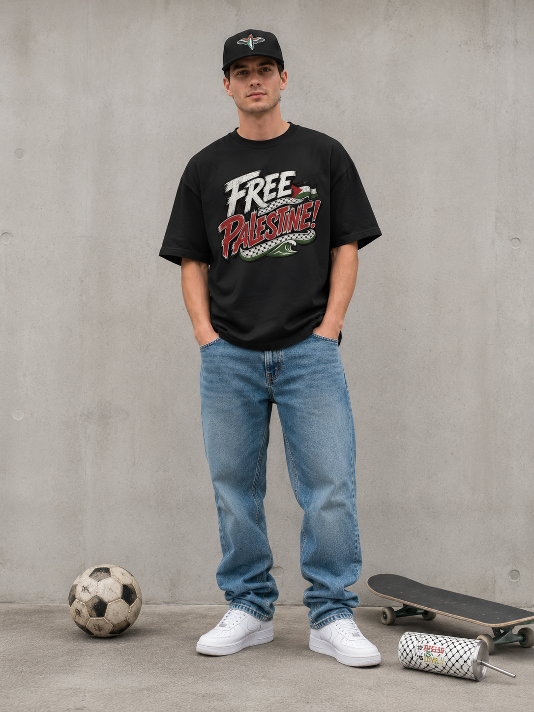 Male model wearing black Free Palestine heavyweight graphic T-shirt