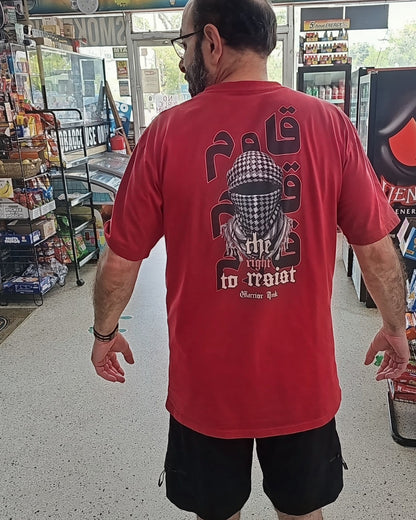 Man wearing a red The Right To Resist t-shirt by Warrior Ink Apparel 