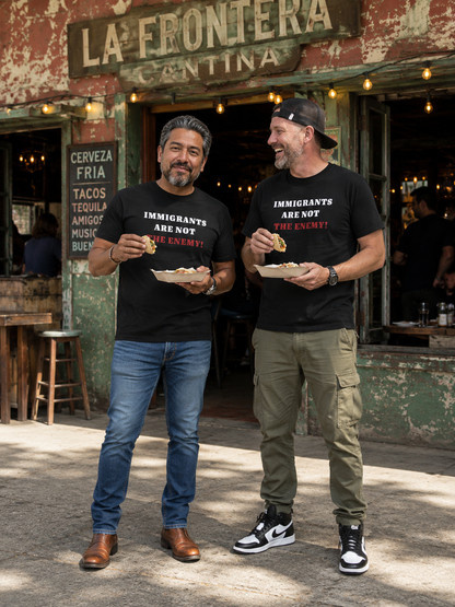 Two men wearing Immigrants Are Not the Enemy solidarity T-shirts