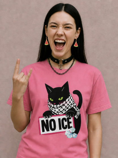 Female model wearing NO ICE Palestinian solidarity graphic T-shirt