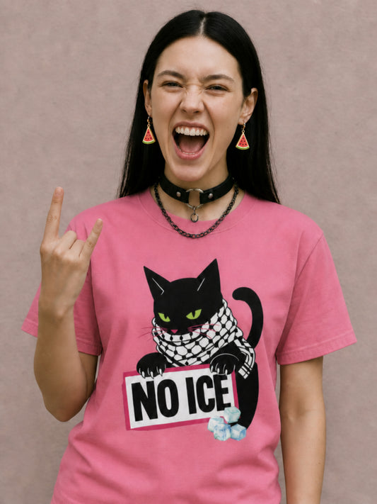 Female model wearing NO ICE Palestinian solidarity graphic T-shirt