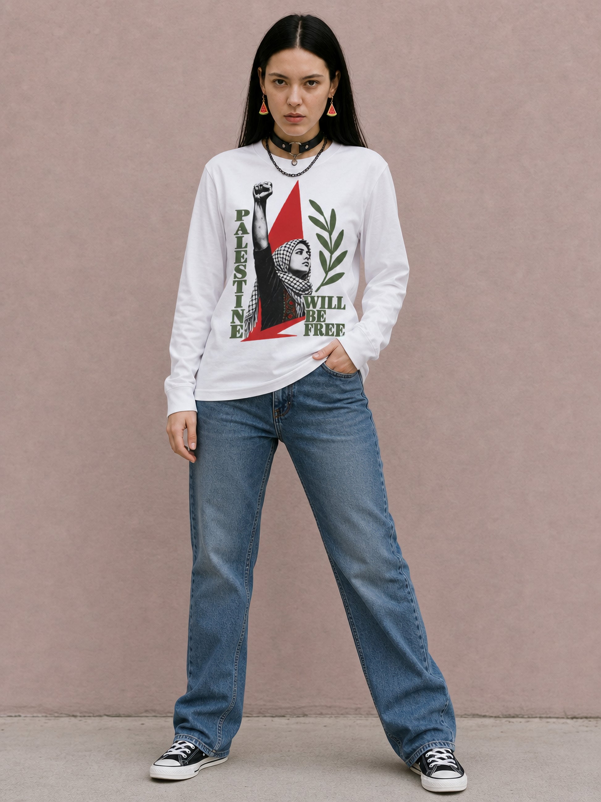 Woman wearing Palestine Will Be Free Palestinian resistance long sleeve tee