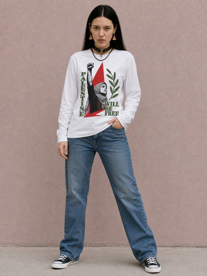 Woman wearing Palestine Will Be Free Palestinian resistance long sleeve tee
