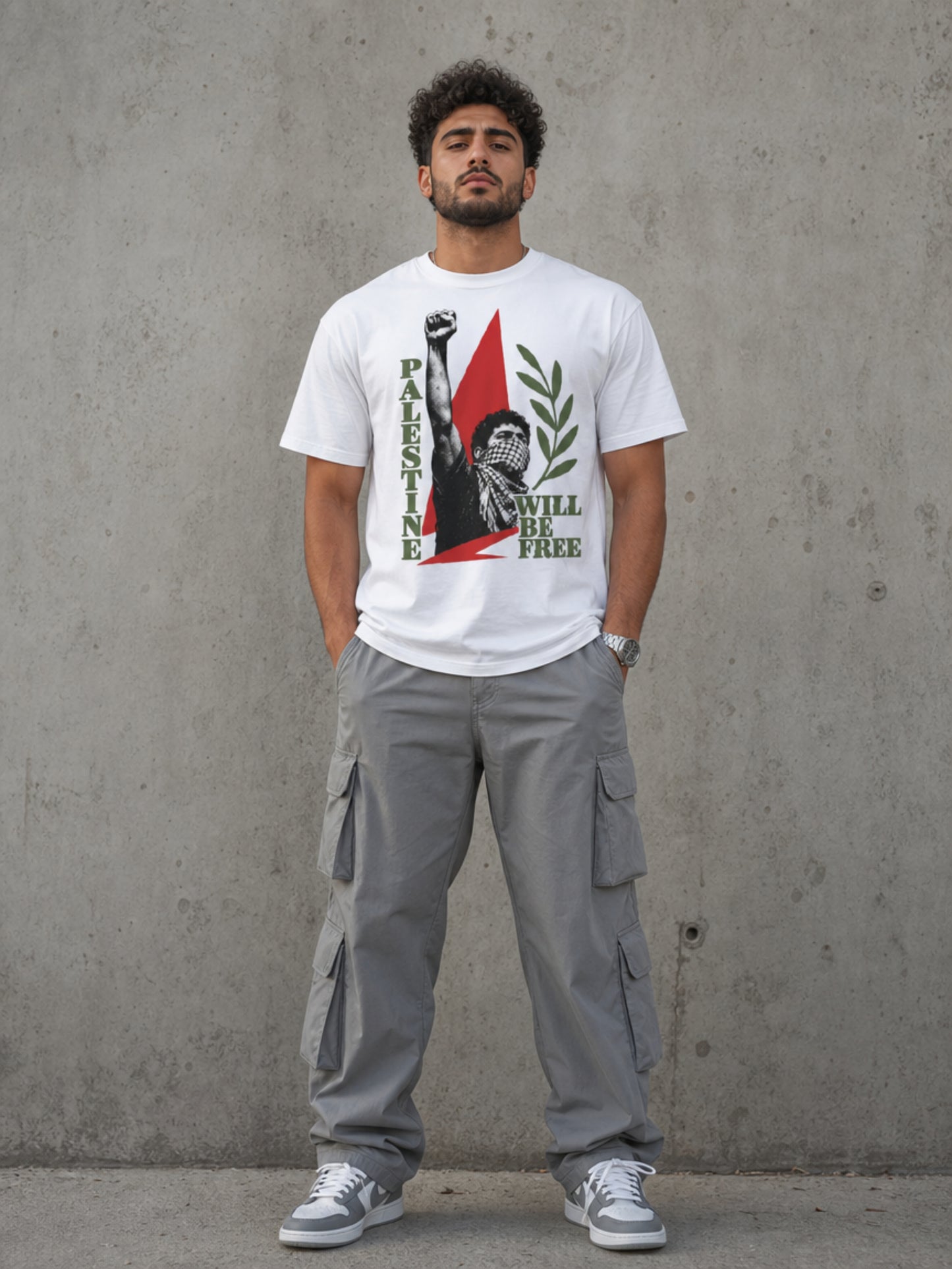 Male model wearing Palestine Will Be Free Palestinian resistance graphic tee