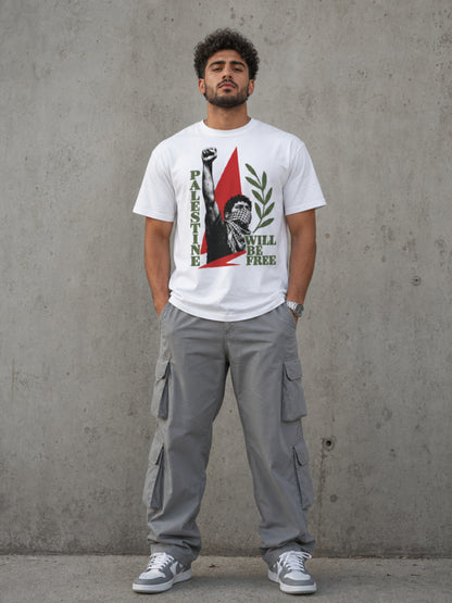 Male model wearing Palestine Will Be Free Palestinian resistance graphic tee