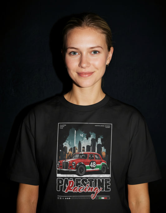 Person wearing a Palestine Racing shirt vintage motorsport graphic tee by Warrior Ink Apparel