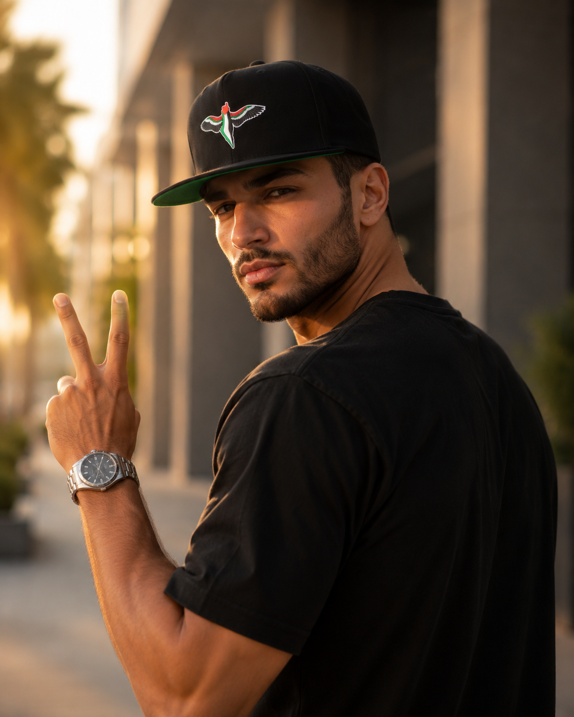 Model wearing FREEDOM WINGS Palestine flat bill cap from Warrior Ink Apparel