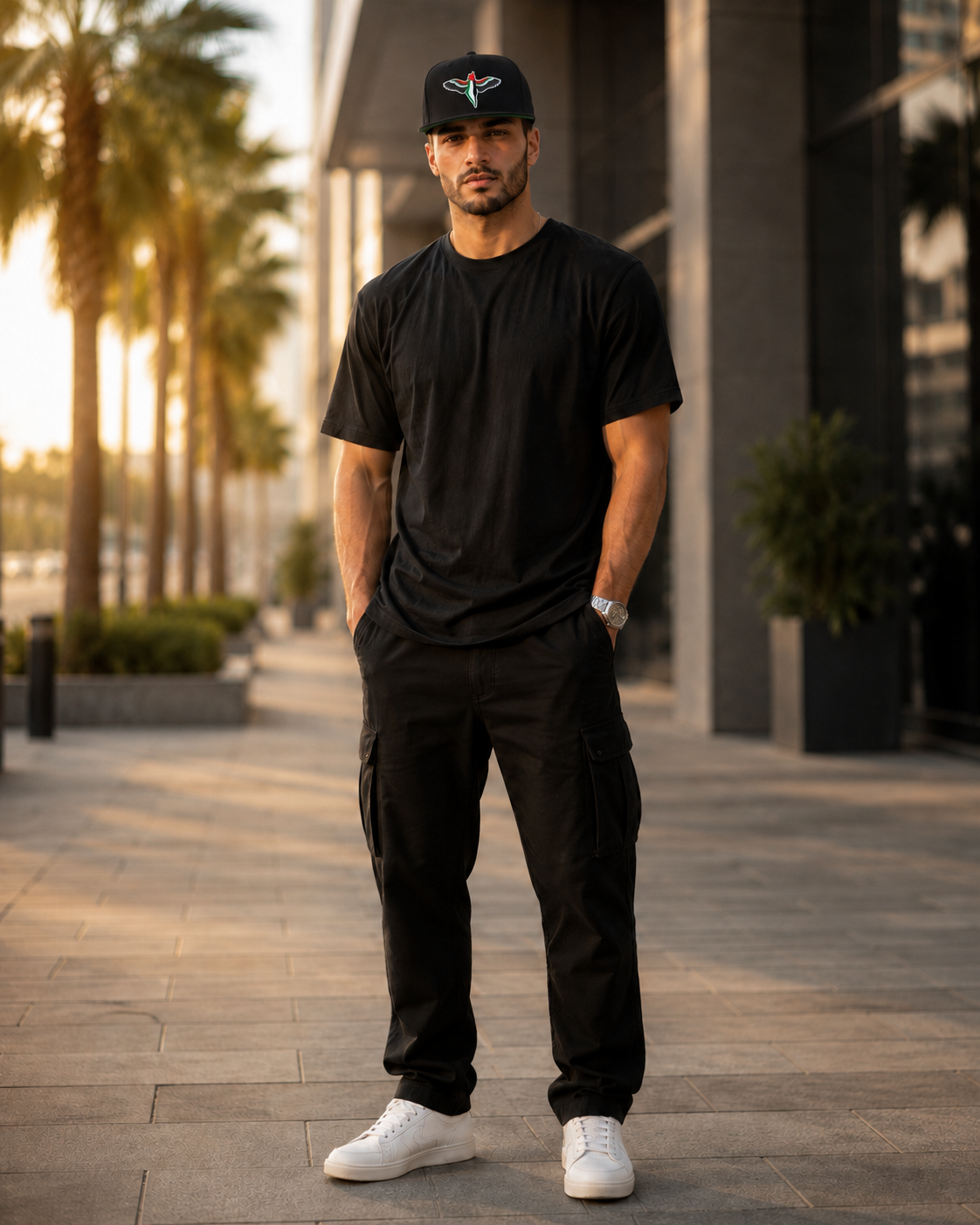 Model wearing FREEDOM WINGS Palestine flat bill cap from Warrior Ink Apparel