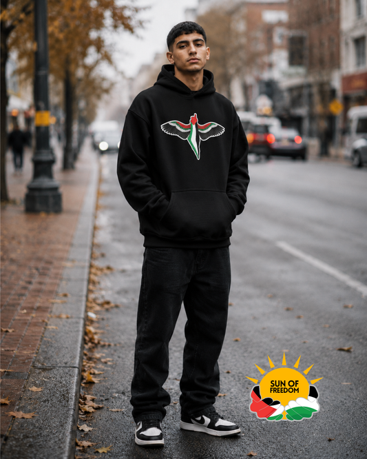 Model wearing FREEDOM WINGS Palestine hoodie from Warrior Ink Apparel