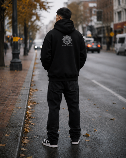 Model wearing FREEDOM WINGS Palestine hoodie from Warrior Ink Apparel