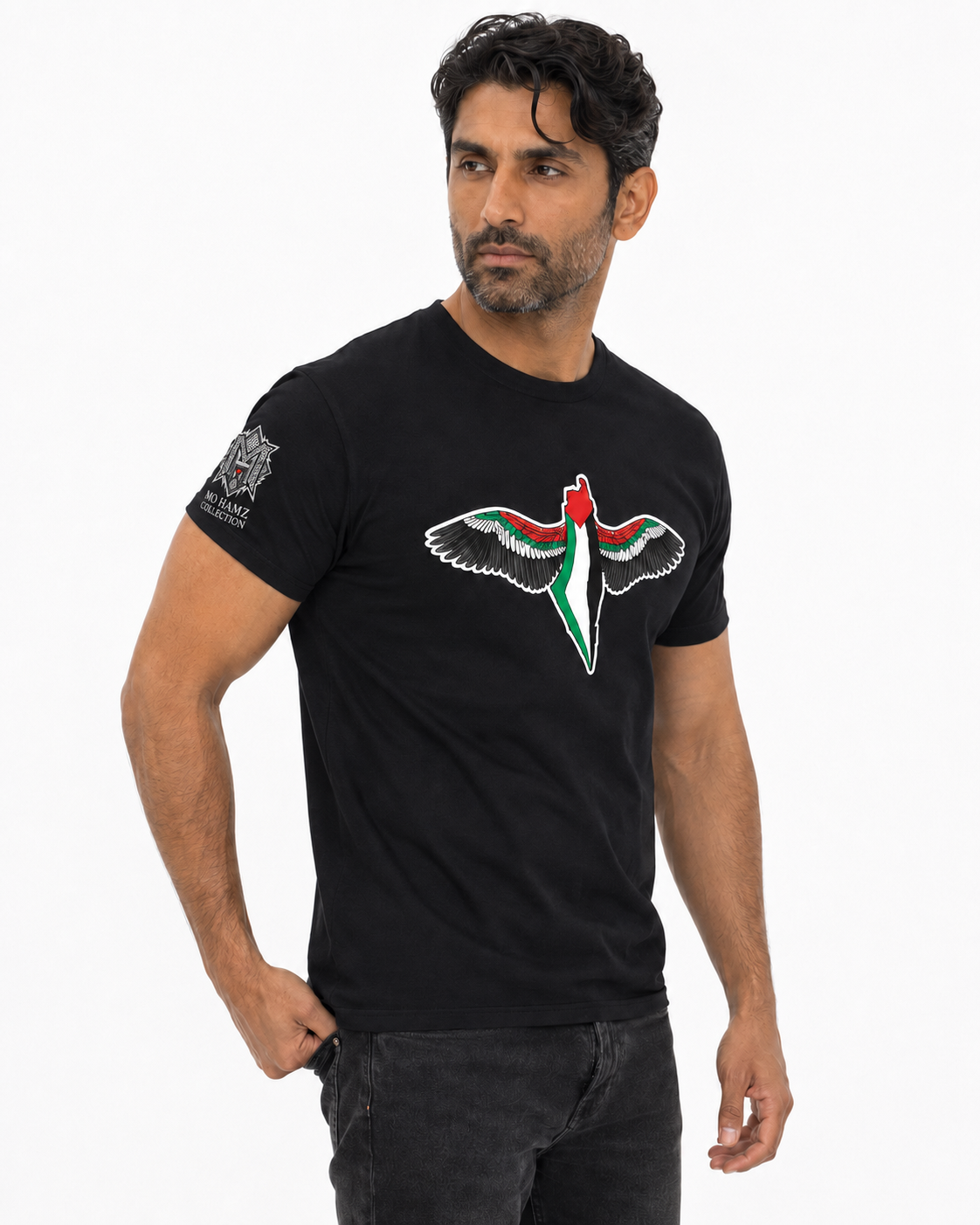 Male Model wearing FREEDOM WINGS Palestine Graphic Tee by Warrior Ink Apparel