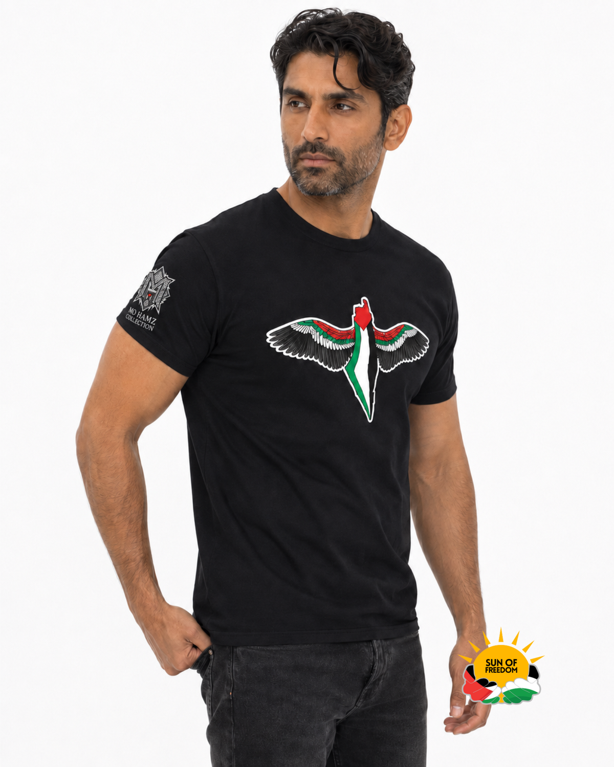Male Model wearing FREEDOM WINGS Palestine Graphic Tee by Warrior Ink Apparel