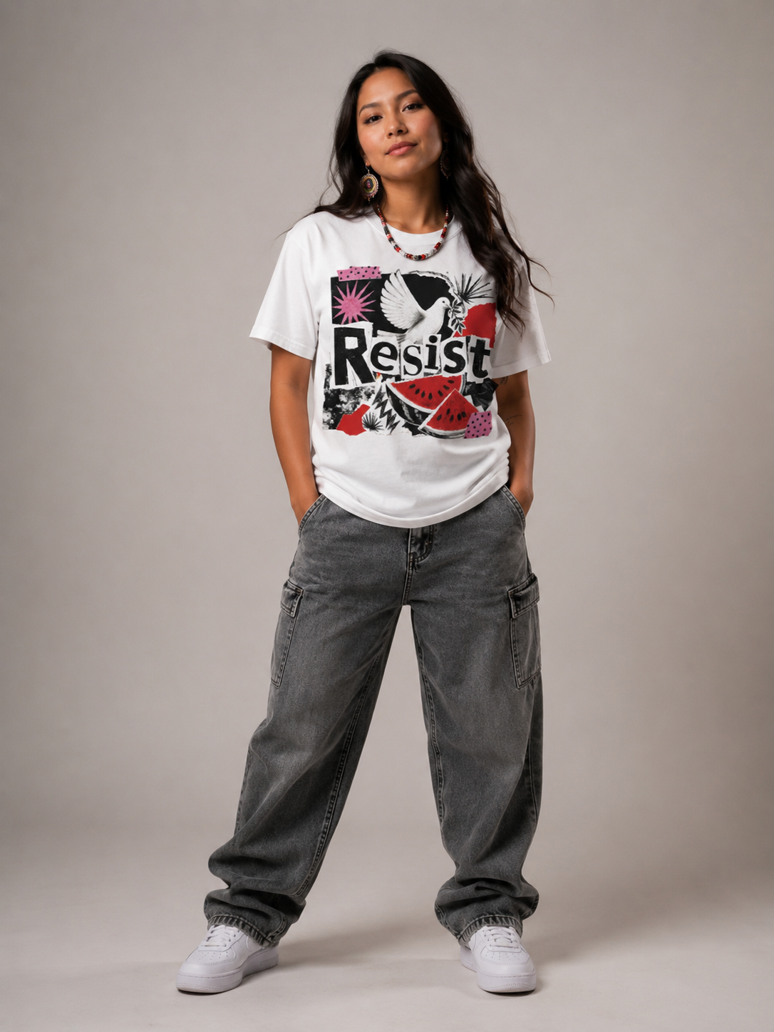 Woman wearing RESIST Palestine heavyweight graphic T-shirt