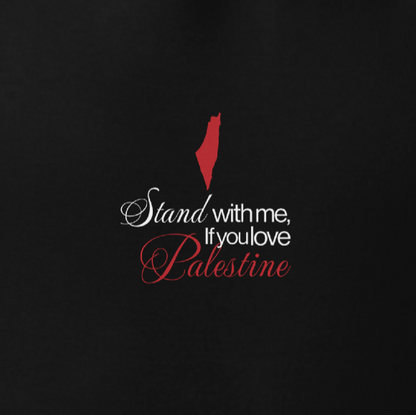 Close-up of STAND WITH PALESTINE hoodie chest graphic