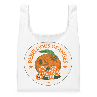 Rebellious Oranges Jaffa 1948 reusable shopping bag featuring orange and green retro Palestinian design