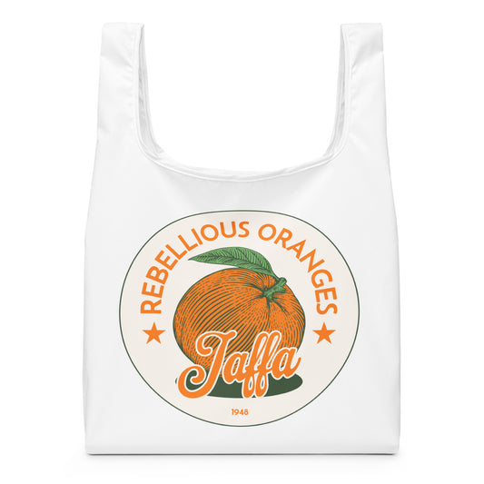 Rebellious Oranges Jaffa 1948 reusable shopping bag featuring orange and green retro Palestinian design