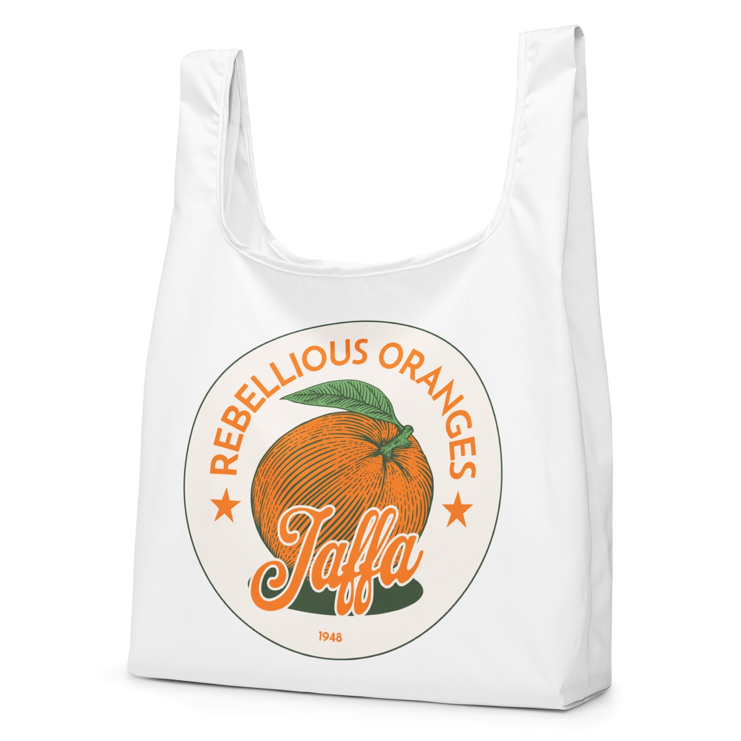 Rebellious Oranges Jaffa 1948 reusable shopping bag featuring orange and green retro Palestinian design