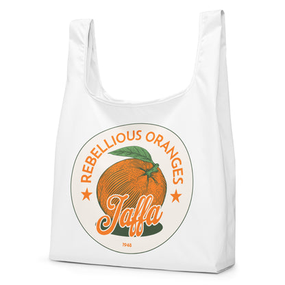 Rebellious Oranges Jaffa 1948 reusable shopping bag featuring orange and green retro Palestinian design