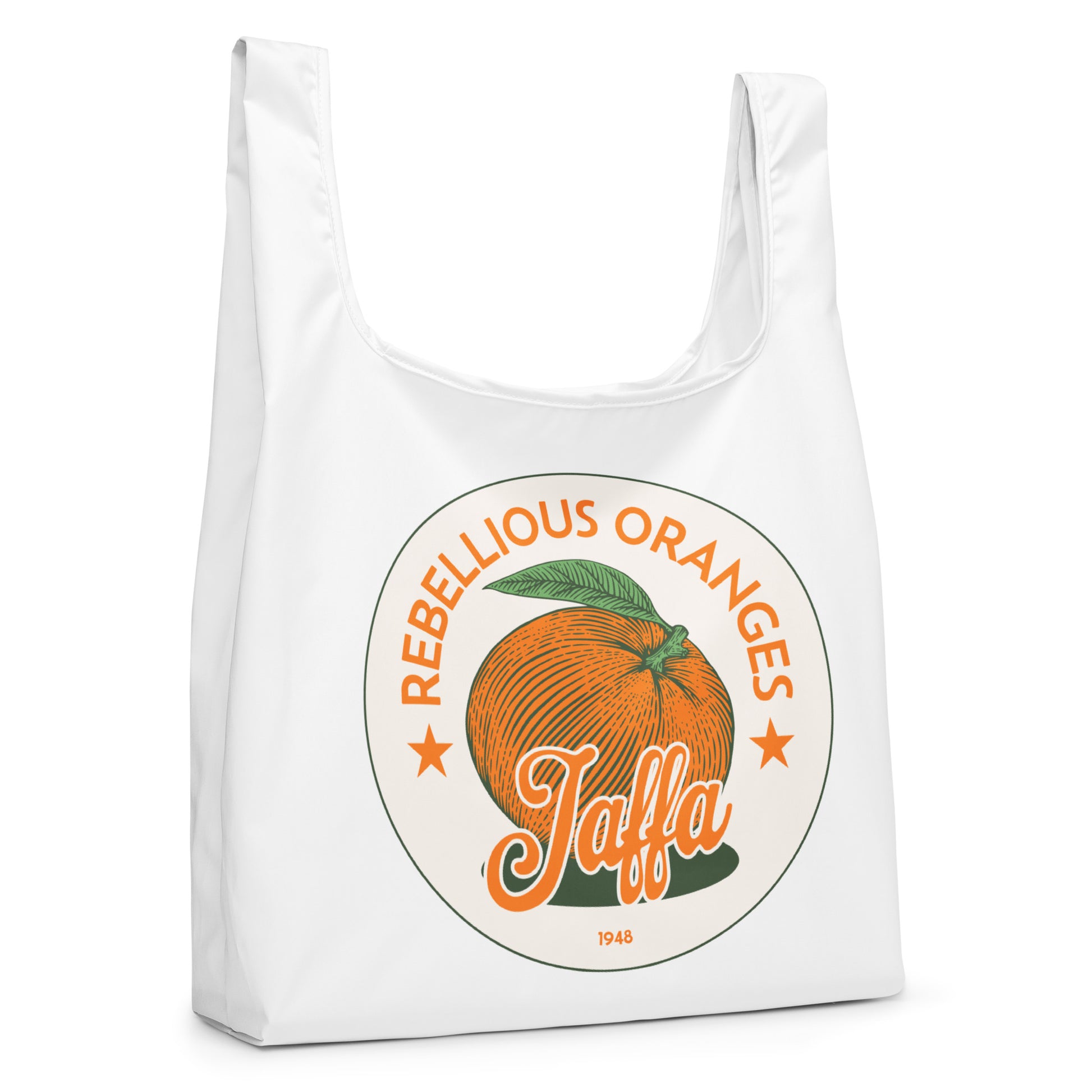 Rebellious Oranges Jaffa 1948 reusable shopping bag featuring orange and green retro Palestinian design